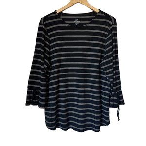 J Jill Tunic Tie Sleeves Black Striped Tee Shirt XL